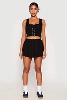 Womens Textured Knit Pointelle Lace Up Crop Top, Black, Size M