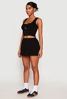 Womens Textured Knit Pointelle Lace Up Crop Top, Black, Size L