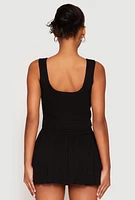 Womens Textured Knit Pointelle Lace Up Crop Top, Black, Size L