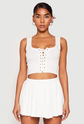 Womens Textured Knit Pointelle Lace Up Crop Top,