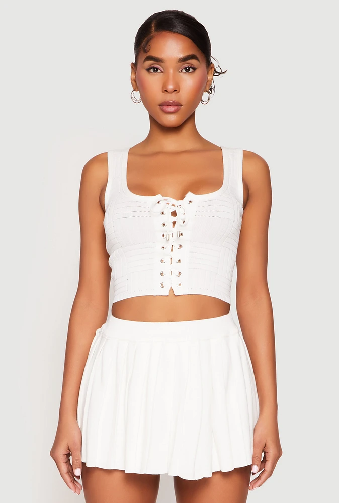 Womens Textured Knit Pointelle Lace Up Crop Top, M