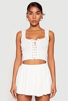 Womens Textured Knit Pointelle Lace Up Crop Top, M