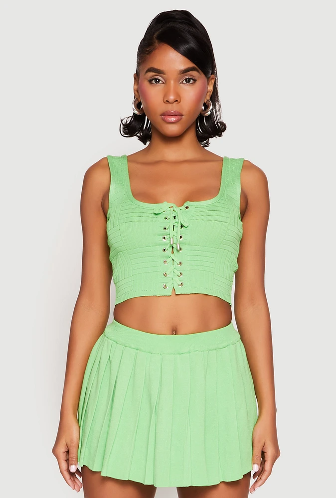 Womens Textured Knit Pointelle Lace Up Crop Top,