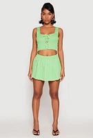 Womens Textured Knit Pointelle Lace Up Crop Top, Green, Size M