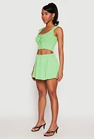 Womens Textured Knit Pointelle Lace Up Crop Top,