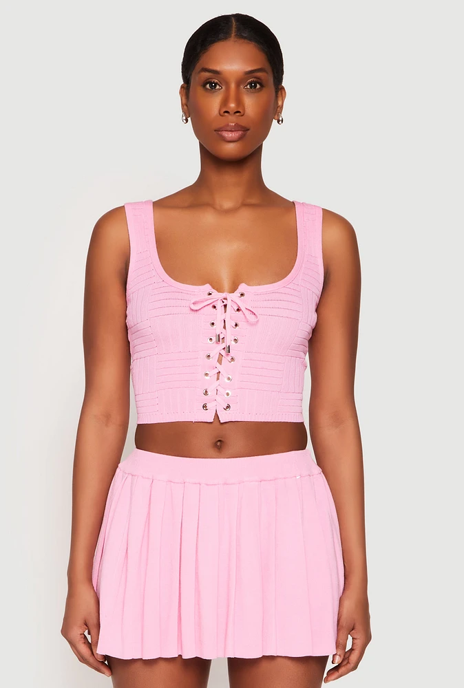 Womens Textured Knit Pointelle Lace Up Crop Top,