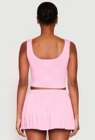Womens Textured Knit Pointelle Lace Up Crop Top,