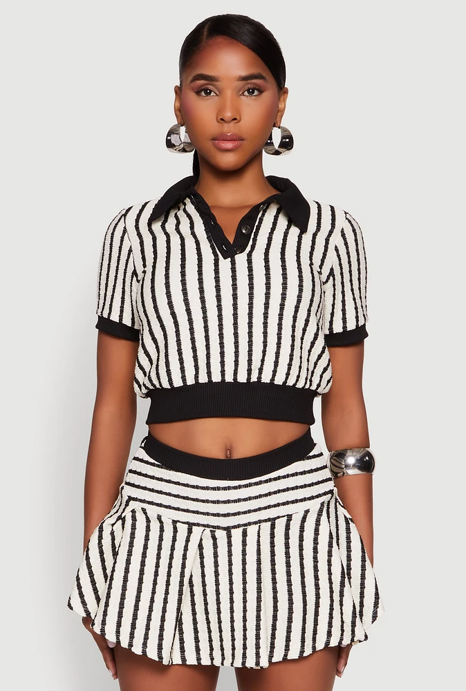 Womens Textured Knit Striped Polo Shirt,