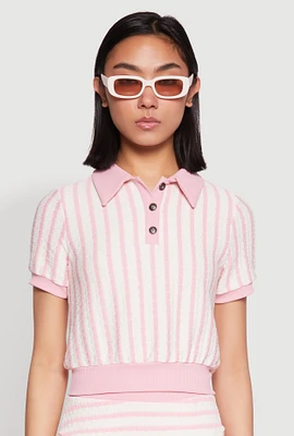 Womens Textured Knit Striped Polo Shirt, Pink,