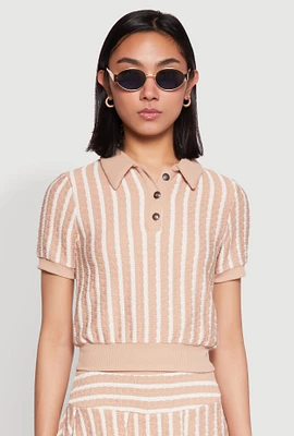 Womens Textured Knit Striped Polo Shirt,