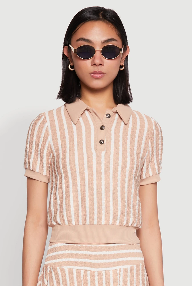 Womens Textured Knit Striped Polo Shirt, Beige, Size M