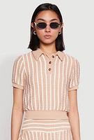 Womens Textured Knit Striped Polo Shirt, Beige, Size M