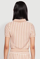 Womens Textured Knit Striped Polo Shirt, Beige, Size M