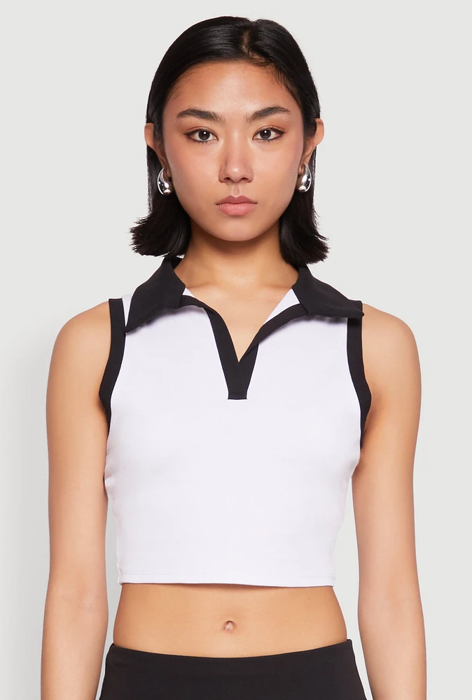 Womens Sleeveless Contrast Trim Polo Crop Top, White,