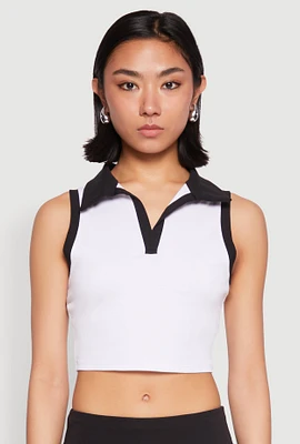 Womens Sleeveless Contrast Trim Polo Crop Top, White,