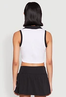 Womens Sleeveless Contrast Trim Polo Crop Top, White,
