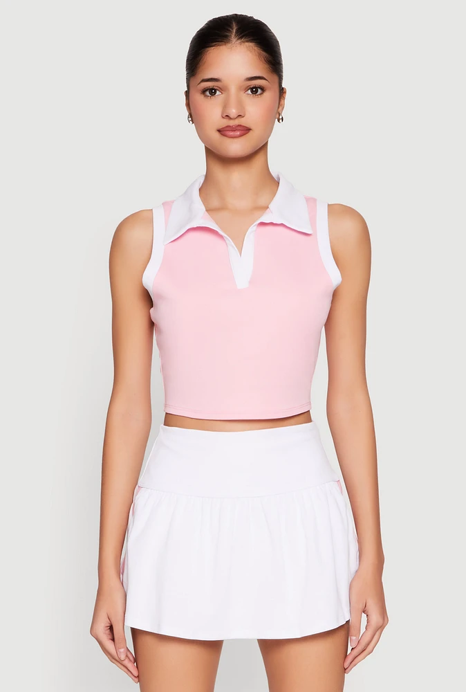 Womens Sleeveless Contrast Trim Polo Crop Top, Pink, Size M