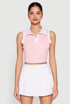 Womens Sleeveless Contrast Trim Polo Crop Top, Pink, Size M