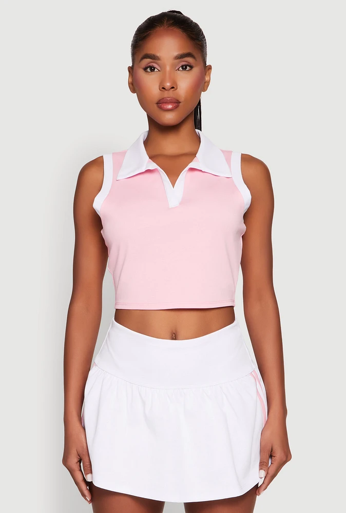 Womens Sleeveless Contrast Trim Polo Crop Top, Pink, Size S