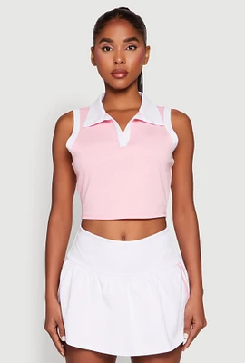Womens Sleeveless Contrast Trim Polo Crop Top, Pink, Size S