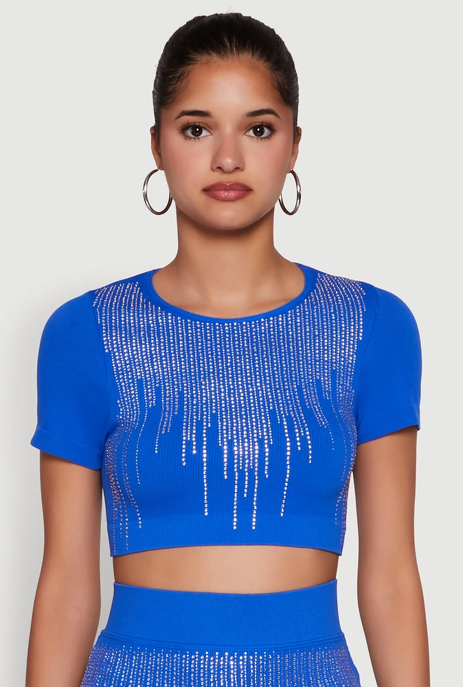 Womens Chic Rhinestone Ribbed Knit Short Sleeve Crew Neck Tee,