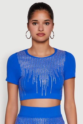 Womens Chic Rhinestone Ribbed Knit Short Sleeve Crew Neck Tee,