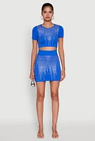 Womens Chic Rhinestone Ribbed Knit Short Sleeve Crew Neck Tee,