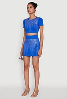 Womens Chic Rhinestone Ribbed Knit Short Sleeve Crew Neck Tee,