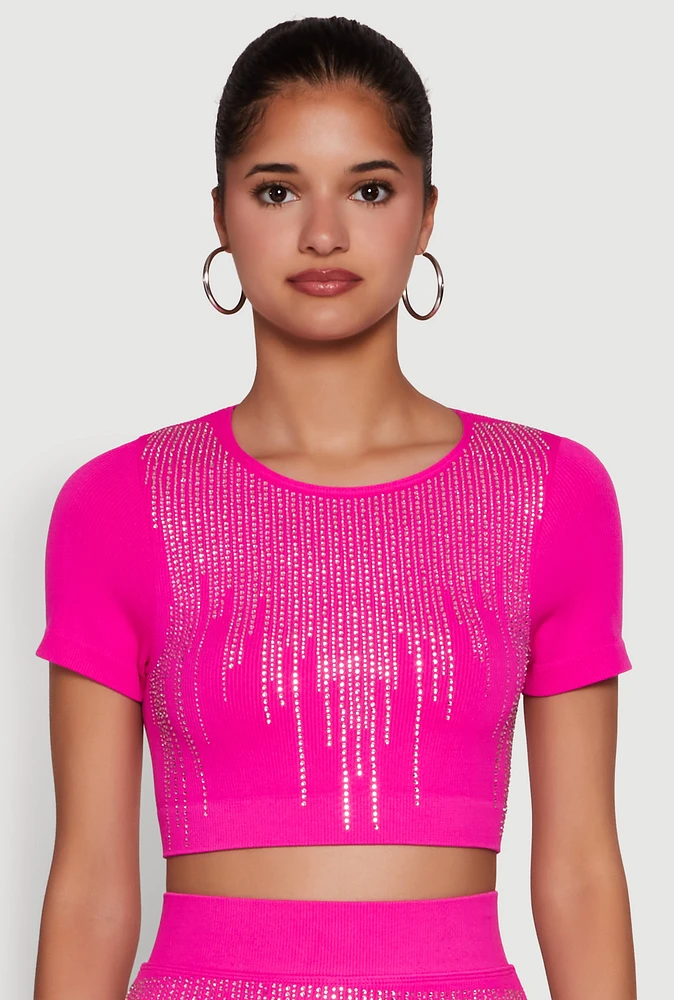 Womens Chic Rhinestone Ribbed Knit Short Sleeve Crew Neck Tee, Pink, Size M-L