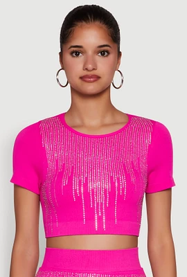 Womens Chic Rhinestone Ribbed Knit Short Sleeve Crew Neck Tee, Pink, Size M-L