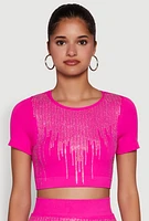 Womens Chic Rhinestone Ribbed Knit Short Sleeve Crew Neck Tee, Pink, Size M-L