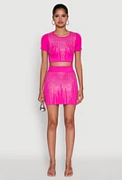 Womens Chic Rhinestone Ribbed Knit Short Sleeve Crew Neck Tee, Pink, Size M-L