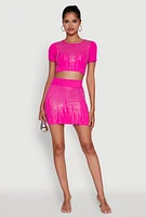 Womens Chic Rhinestone Ribbed Knit Short Sleeve Crew Neck Tee, Pink, Size M-L