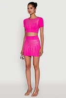 Womens Chic Rhinestone Ribbed Knit Short Sleeve Crew Neck Tee, Pink, Size M-L