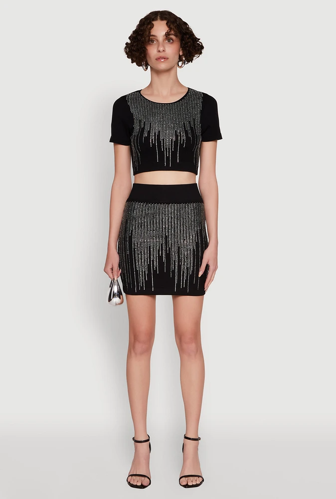Womens Chic Rhinestone High Waisted Mini Pencil Skirt,