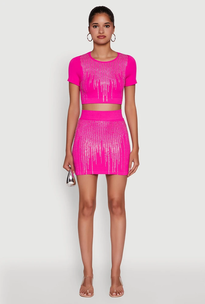 Womens Chic Rhinestone High Waisted Mini Pencil Skirt, Pink, Size S-M
