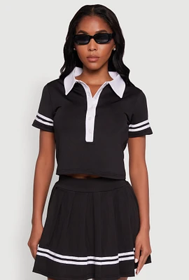 Womens Contrast Trim and Varsity Stripe Cropped Shirt,