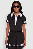 Womens Contrast Trim and Varsity Stripe Cropped Shirt,