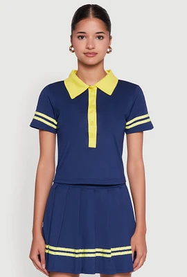 Womens Contrast Trim and Varsity Stripe Cropped Shirt, Blue,