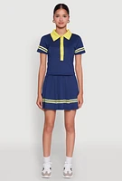 Womens Contrast Trim and Varsity Stripe Cropped Shirt, Blue,