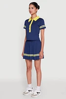 Womens Contrast Trim and Varsity Stripe Cropped Shirt, Blue,