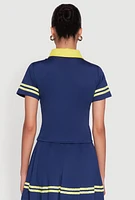 Womens Contrast Trim and Varsity Stripe Cropped Shirt, Blue,