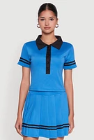 Womens Contrast Trim and Varsity Stripe Cropped Shirt, Blue,