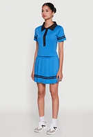 Womens Contrast Trim and Varsity Stripe Cropped Shirt, Blue,