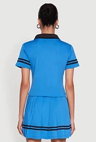 Womens Contrast Trim and Varsity Stripe Cropped Shirt, Blue,
