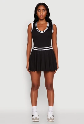 Womens Stylish Pleated Varsity Stripe Skater Dress,