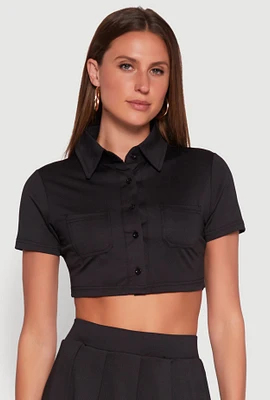 Womens Short Sleeve Button Front Cropped Shirt,