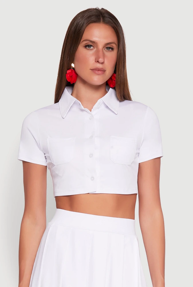 Womens Short Sleeve Button Front Cropped Shirt, White, Size XL