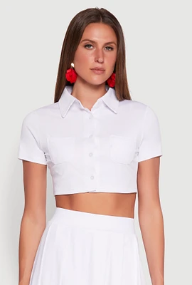 Womens Short Sleeve Button Front Cropped Shirt, White, Size XL