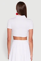 Womens Short Sleeve Button Front Cropped Shirt, White, Size XL